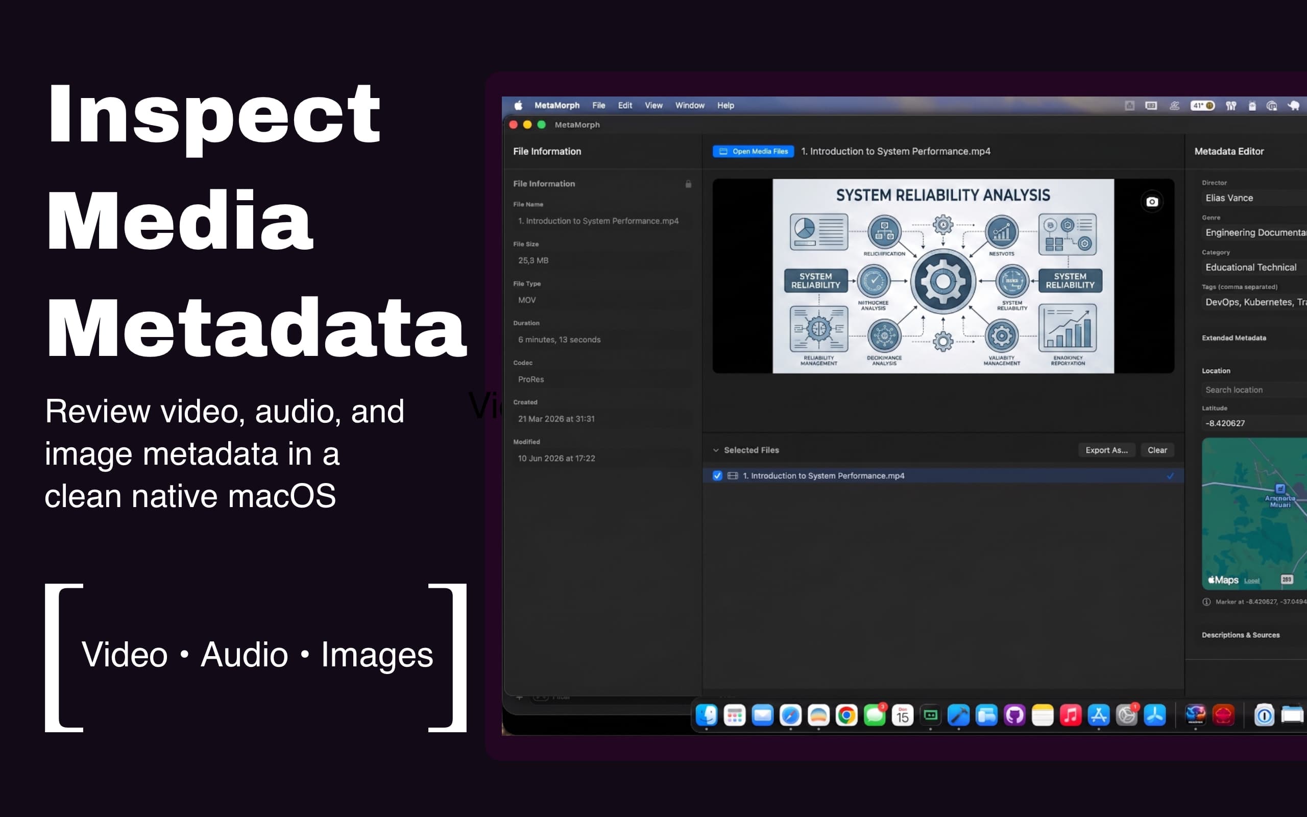 MetaMorph Media showing file information and a metadata editor for a MOV video