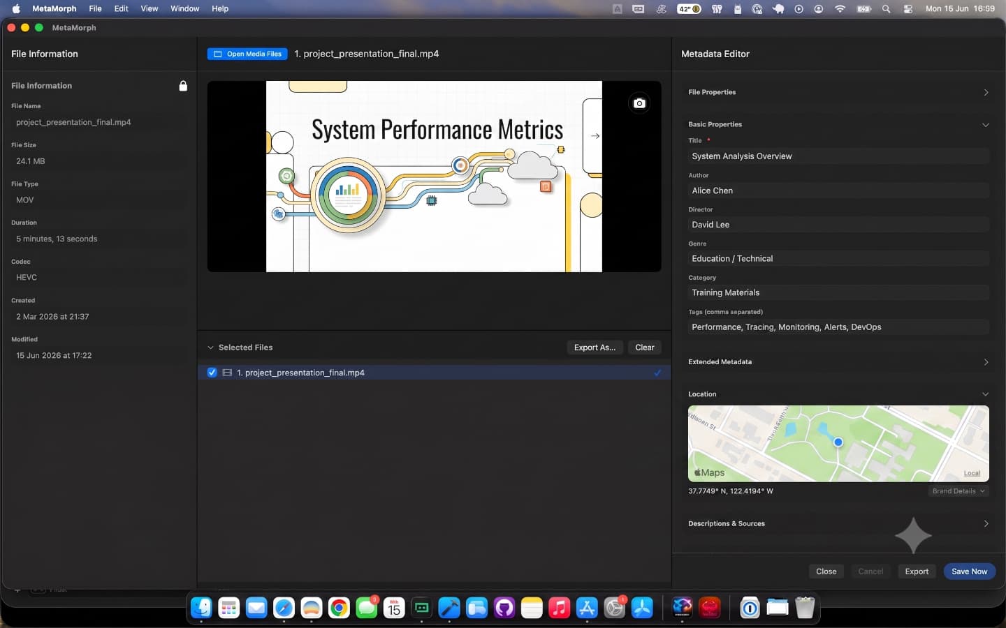 MetaMorph Media metadata editor showing Basic Properties fields for a video file